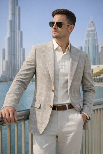 MARYNARKA MĘSKA BEŻOWA W KRATĘ BAWEŁNA LEN