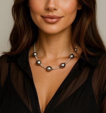 Szary naszyjnik z koralików perłowych elegancki damski D13-10