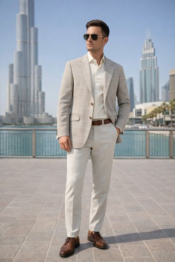 MARYNARKA MĘSKA BEŻOWA W KRATĘ BAWEŁNA LEN