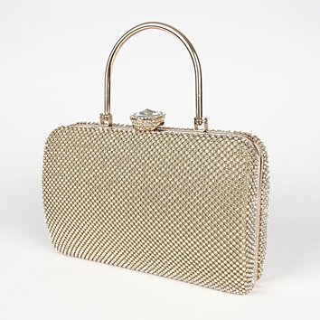 Złota torebka wizytowa pokryta cyrkoniami z metalowym uchwytem D10-144