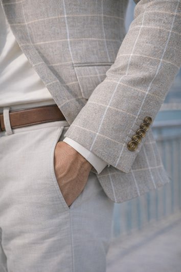 MARYNARKA MĘSKA BEŻOWA W KRATĘ BAWEŁNA LEN